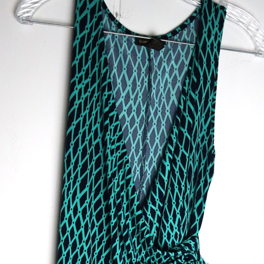Womens XL Susan Laurence Navy Turquoise Diamond Faux Wrap Maxi Dress